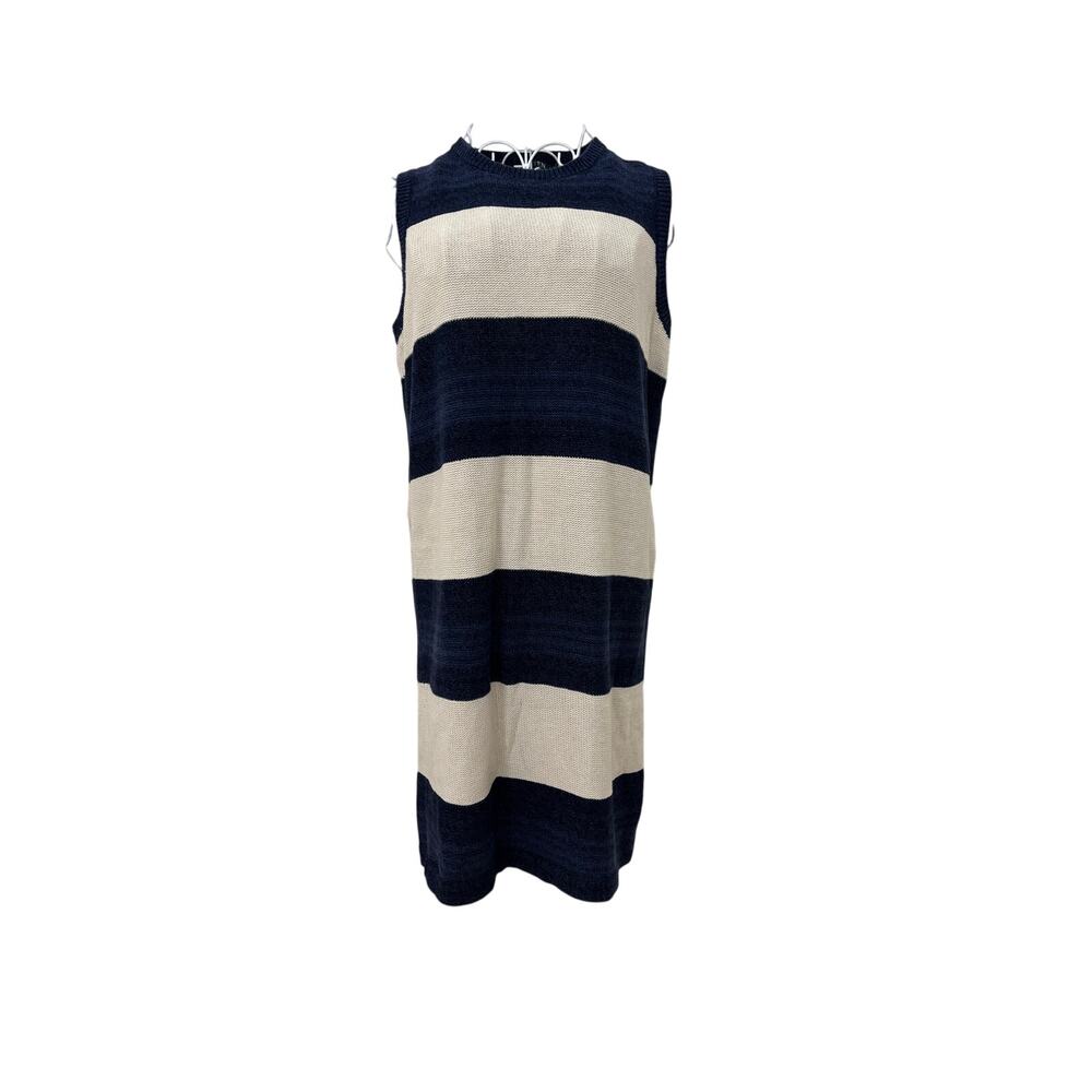 Ralph Lauren women linen cotton knit stretch cream navy dress size medium